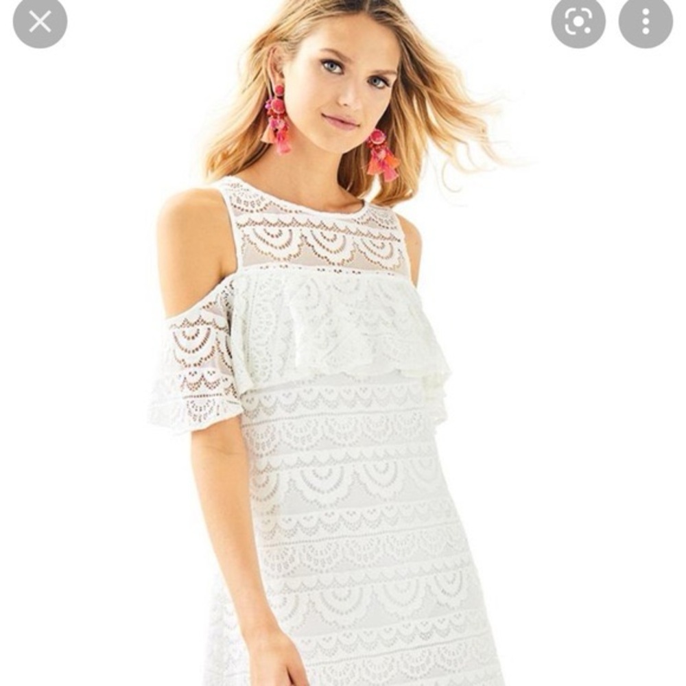 LILLY PULITZER resort white scalloped stripe lace Lyra cold shoulder dress